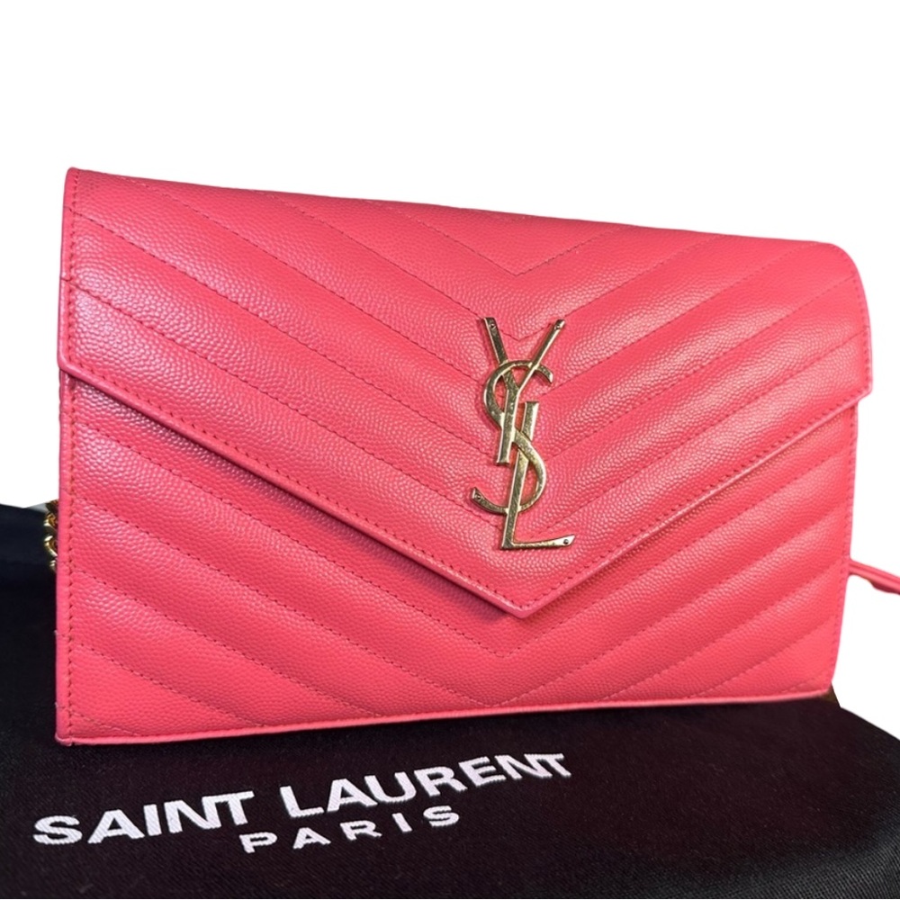 Authentic YSL Saint Laurent Portefeuille Envelope Pink Salmon Quilted Clutch